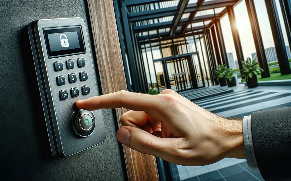 Person using access control keypad to enter a building